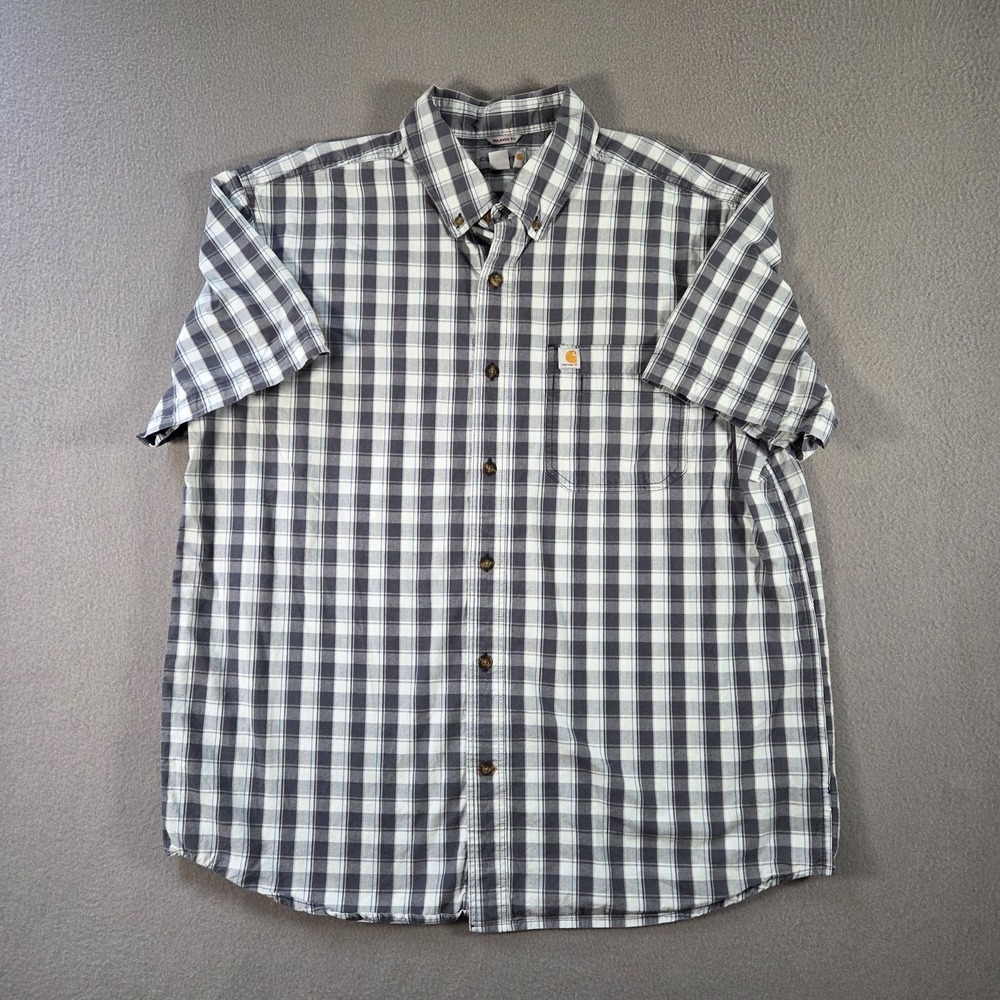 Carhartt Shirt Mens XL Navy Plaid Relaxed Fit Short Sleeve Button Down Logo